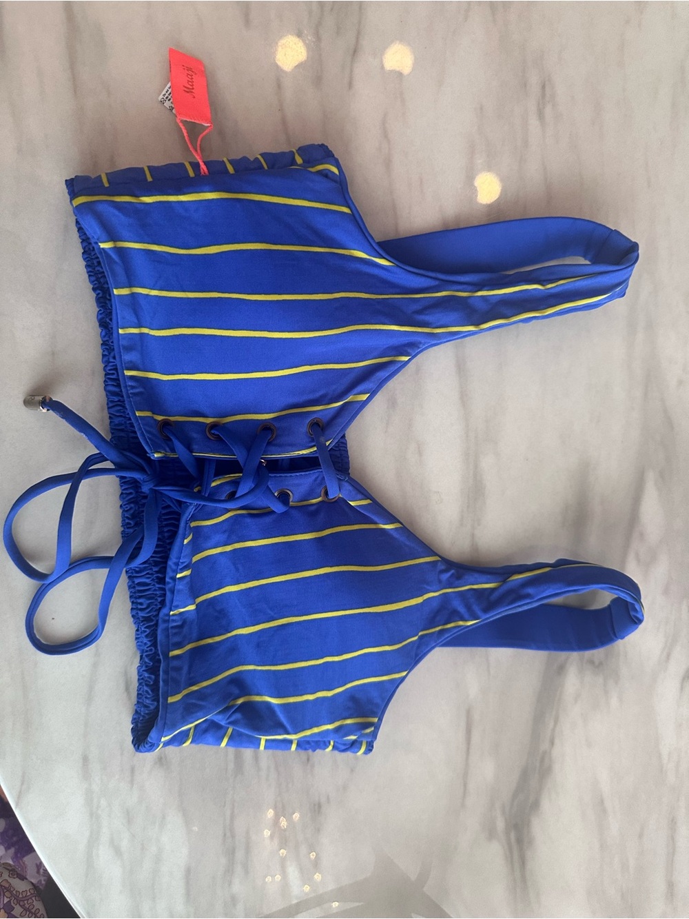 Majji Blue & Yellow Stripe Swim Bikini Top Size Small Reversible!